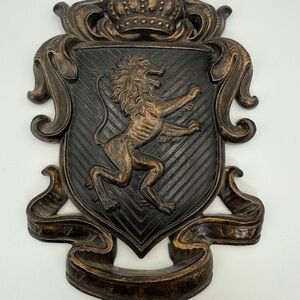 Shield Wall Plaque with Lion, Old World, Medieval,Crown, Cross, Fleur de Lis
